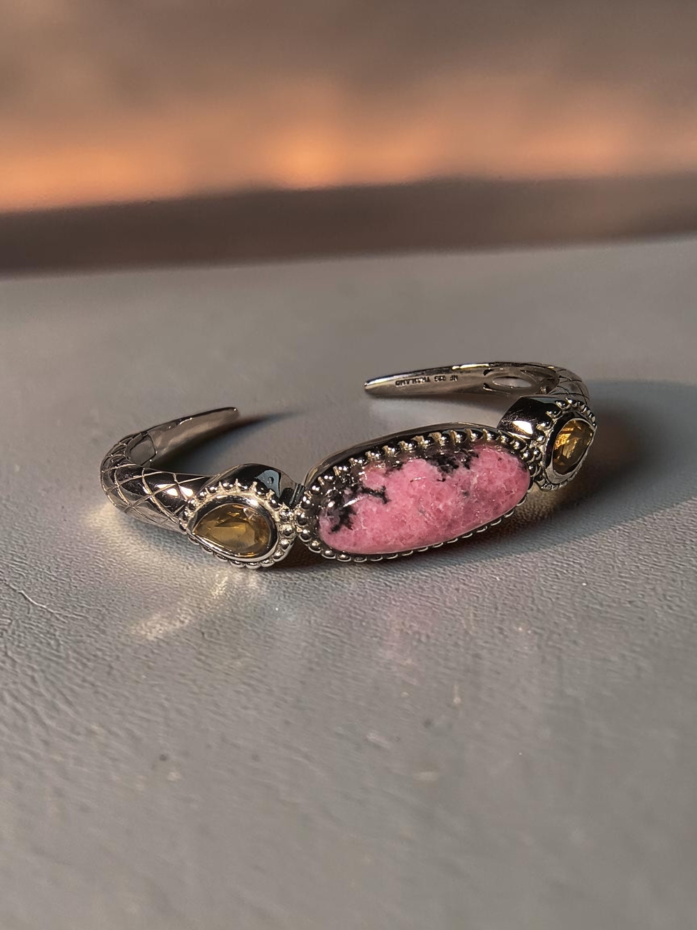 Sterling Silver, Rhodonite and Yellow Citrine Gemstone Cuff Bracelet Brand New